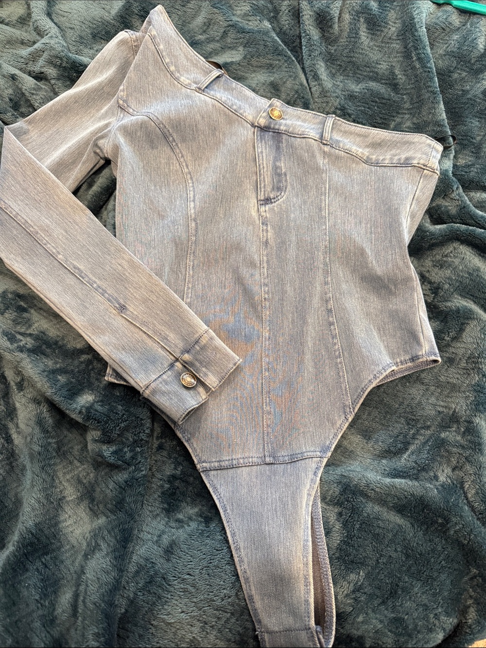JLUXLABEL Off-Shoulder Long Sleeve Denim Jegging Bodysuit in Light Gray
